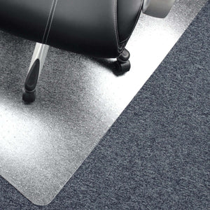 Showing a close up of the office chair PVC protective floor mat being used on carpet.