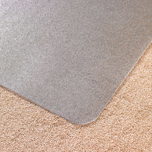 Showing a close up of the desk chair pvc protective floor mat on carpet.