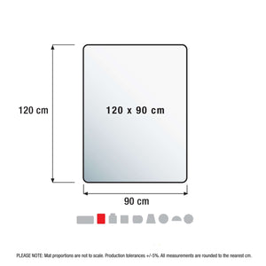 Picture showing the size measurements of the protective floor mat for your desk chair of 120 x 90 cm 