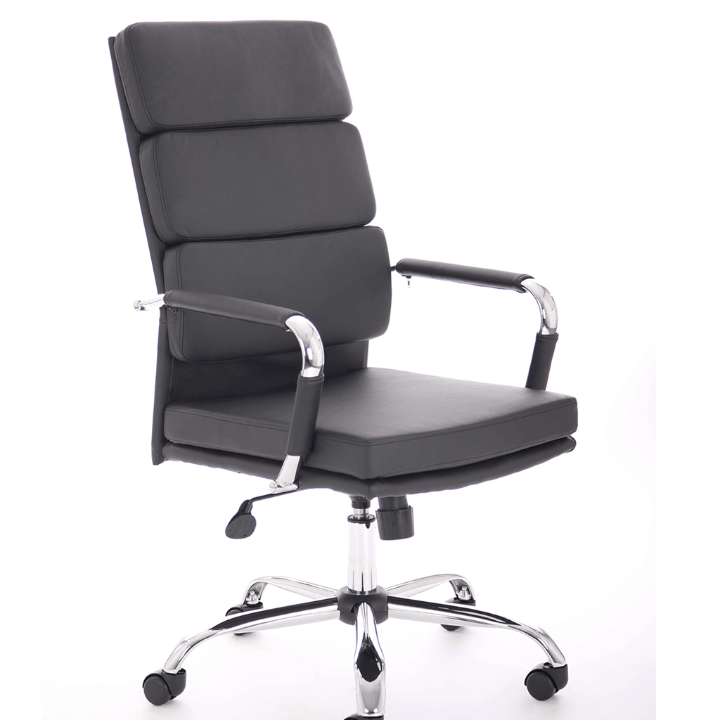 Black leather home office chair with chrome arms and chrome 5 star base with castors.