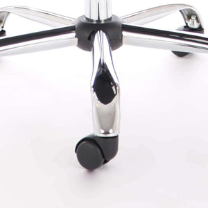 close up view of the chrome 5 star base and castors