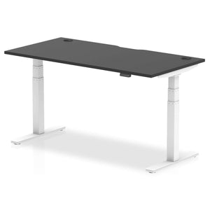 Picture of the black desk top with white legs of the air height adjustable home office desk.