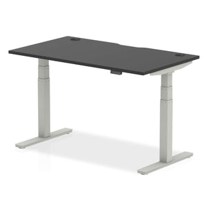 Picture of the black desk top with silver legs of the air height adjustable home office desk.