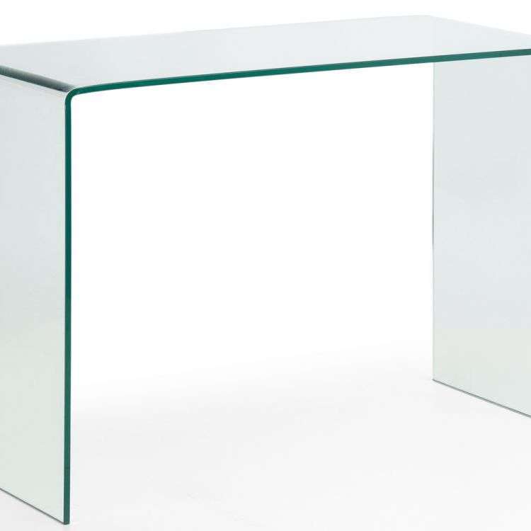 Picture showing the Amalfi glass home office desk  constructed in one piece of tempared glass. and is part of the julian bowen collection.