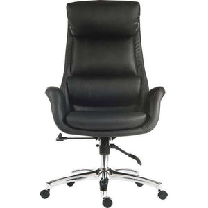 Ambassador reclining black home office chair. front on view. faux leather, with gullwing armrests, swivel chrome base. 