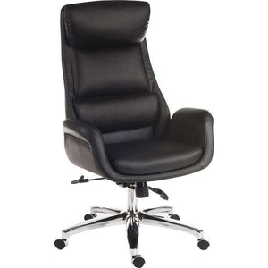 Ambassador reclining black home office chair. Side view, faux leather, swivel chrome base.