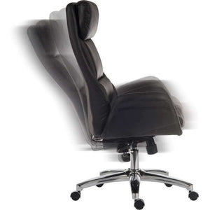 Ambassador reclining black home office chair, chrome base, full side on view of the reclining function.