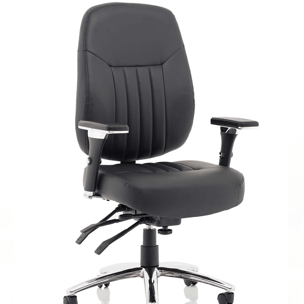 Showing the black leather barcelona deluxe home office chair with three dimentional  adjustable arms. forward tilt seat option. with triple lever  function and with castor wheels.