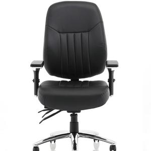 Showing front view of the barcelona deluxe home office chair. with detail stitching triple lever adjustment for height . and 5 star chrome base with castor wheels.