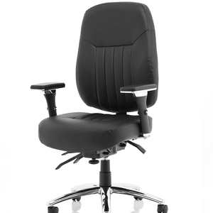 Showing leather barcelona deluxe home office chair , with triple lever adjustable for height , with cushioned seat . 5 star chrome base with castor wheels.