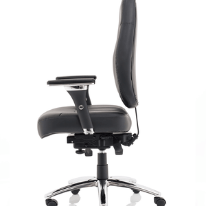 Side view of the leather Barcelona home office chair with cushioned seat . 5 star chrome base , with castor wheels for easy movement.