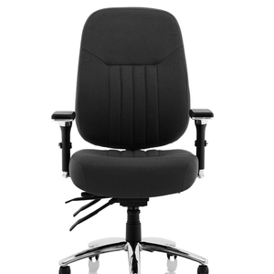 Showing the black fabric Barcelona deluxe office chair with detailed stitching  padded seat with intergraded lumba cushion .