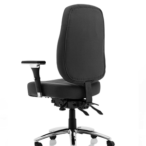 Side view of the black fabric barcelona deluxe home office chair with 5 star  chrome base with castor wheels for easy movement around the office.