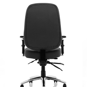 Showing the back view of the black fabric barcelona home office chair with detailed stitching on the back of ther cushioned chair. with chrome 5 star base  with castor wheels.