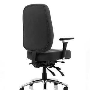 Showing angled back view of the black fabric barcelona home office chair with detailed stitching and  5 star base castor wheels .