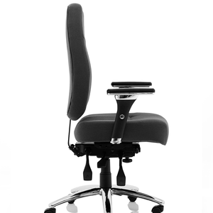 Side angle of the fabric barcelona home office chair with padded seat , showing adjustable levers for height and chrome 5star base with castor wheeels .