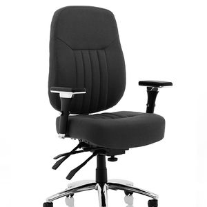 Left angle of the black fabric barcelona home office chair with triple lever and chrome 5 star base with castor wheels.