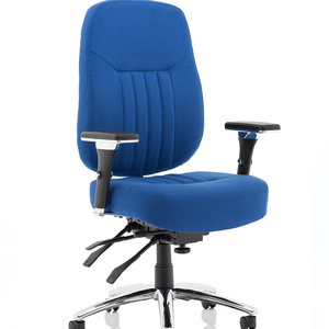 Showing blue fabric barcelona Deluxe home office chair with cushioned back and seat with triple lever function and 5 star chrome base with castor wheels .