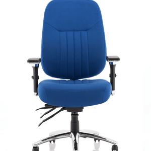 Front view of the blue fabric barcelona home office chair , with cushioned back and seat . with the triple lever function and the chrome 5 star base with castor wheels.