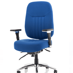 Right angle of the blue fabric Barcelona deluxe home office chair, with cushioned back and seat , with the triple levers and 5 star chrome base ,with castor wheels.