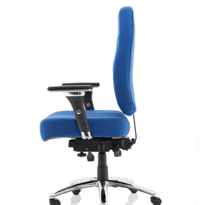 Side view of the blue fabric cushioned seat with detailed stitching. and 5 star chrome base , with castor wheels.