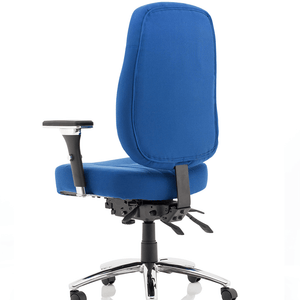 Right angle of the bluie fabric Barcelona deluxe home office chair , with detailed stitching on the cushioned back with the triple levers, and chrome 5 star base with castor wheels for easy movement in yoour office .