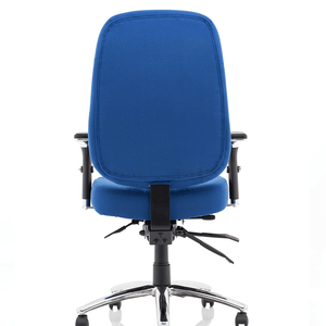 Back view of the blue fabric barcelona deluxe chair with detailed stitching on the back of the chair and cushioned seat and chrome 5 star base with castor wheels.