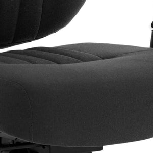 Close up of the cushioned black fabric with detailed stitching of cushioned seat  of the Barcelona deluxe home office chair.