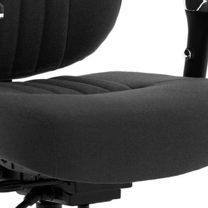 Close up of the black fabric barcelona deluxe home office chair with detailed stitching.