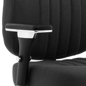 Close up of the three dimentional arm rest with close up of ther black facbric barcelona deluxe  home office chair.