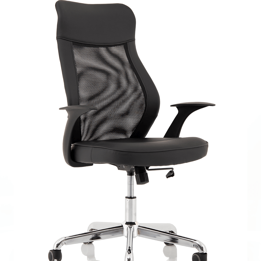 Showing the contured backrest for added comfort with boomerang armrests and cushioned seat, with chrome 5 star base with castor wheels.