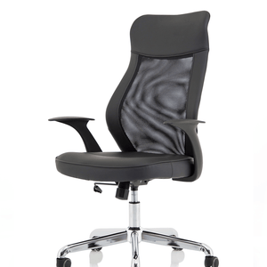 Showing right angle of the baye home office chair in faux leather black with contured back and boomerang armrests.and chrome 5 star base with castor wheels.