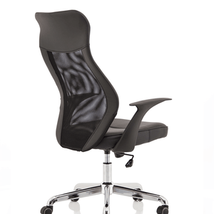 Showing back view of the faux leather black mesh back with cushioned seat and chrome 5 ster base with castor wheels for easy movement in the office.