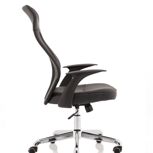 Side view of the faux leather contured back rest with mesh upholstry and boomerang armrests for added comfort,also showing the chrome 5 star base with castor wheels .