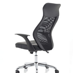 Right side view of the black meshed faux leather contoured back rest with cushioned seat , boomerang armrests and chrome 5 star base with castor wheels .