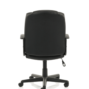 Showing full back view of the black leather bella managers home office chair.with 5-star base with castor wheels.