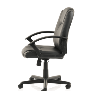 Side view of the black leather chair with strong textured pu arms and cushioned seat, and 5-star base with castor wheels.