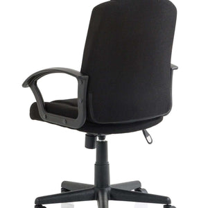 Showing angle of the black fabric bella managers home office chair.with strong textured pu arms and 5-star base .