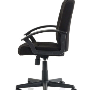 Showing a side view of the bella managers home office chair in black fabric .