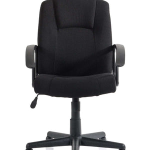 Full front view of the bella managers home office chair in black fabric  coloured cushioned chair.