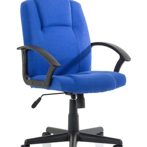 Showing picture of the blue fabric coloured cushioned chair.with strong textured pu arms.