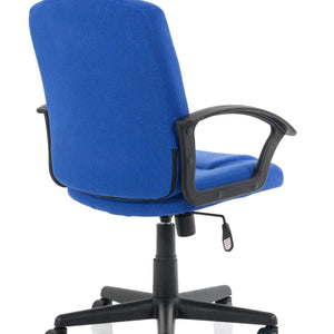 Side vie of the blue fabric coloured cushioned bella managers home office chair in a classic styling.