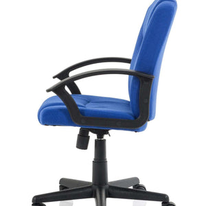 Side view of the blue coloured fabric cushioned bella managers home office chair.