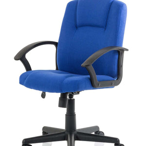 Showing right angle blue fabric coloured cushioned seat with strong textured pu arms 