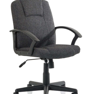 Showing picture of the charcoal fabric bella managers chair ,with strong textured  pu arms and lever and 5-star base with castor wheels.