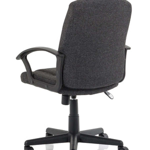 Right angle of the charcoal coloured fabric chair. with strong pu textured arms.