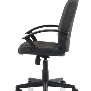 Side view of the charcoal coloured cushioned chair with strong textured pu arms and 5-star base with castor wheels.