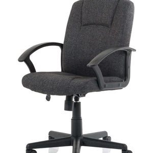 Showing view of the charcoal coloured cushioned seat with contoured backrest , snd strong textured pu arms with  5-star base with castor wheels.