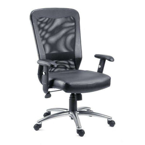 Breeze black leather mesh backrest home office chair. High aerated backrest and height adjustable arms, aliminium base with tilt tension control and reclining funtion, adjustment lever. verticle side view. 