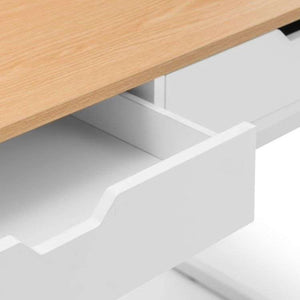 Close up of the california white with oak effect top  with 2 drawer opened home office desk of julian Bowen 